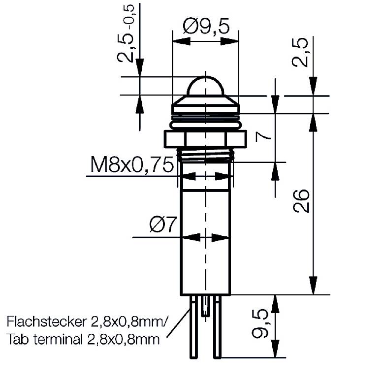 Rysunek techniczny elementu elektrycznego z wymiarami w milimetrach: wysokość całkowita 26 mm, średnica 9,5 mm, gwint śruby M8x0,75, sworzeń 7 mm.
