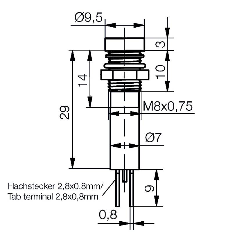 Rysunek techniczny przełącznika z wymiarami: średnica 9,5, wysokość 29. Gwint M8x0,75. Wtyk płaski 2,8x0,8 mm.