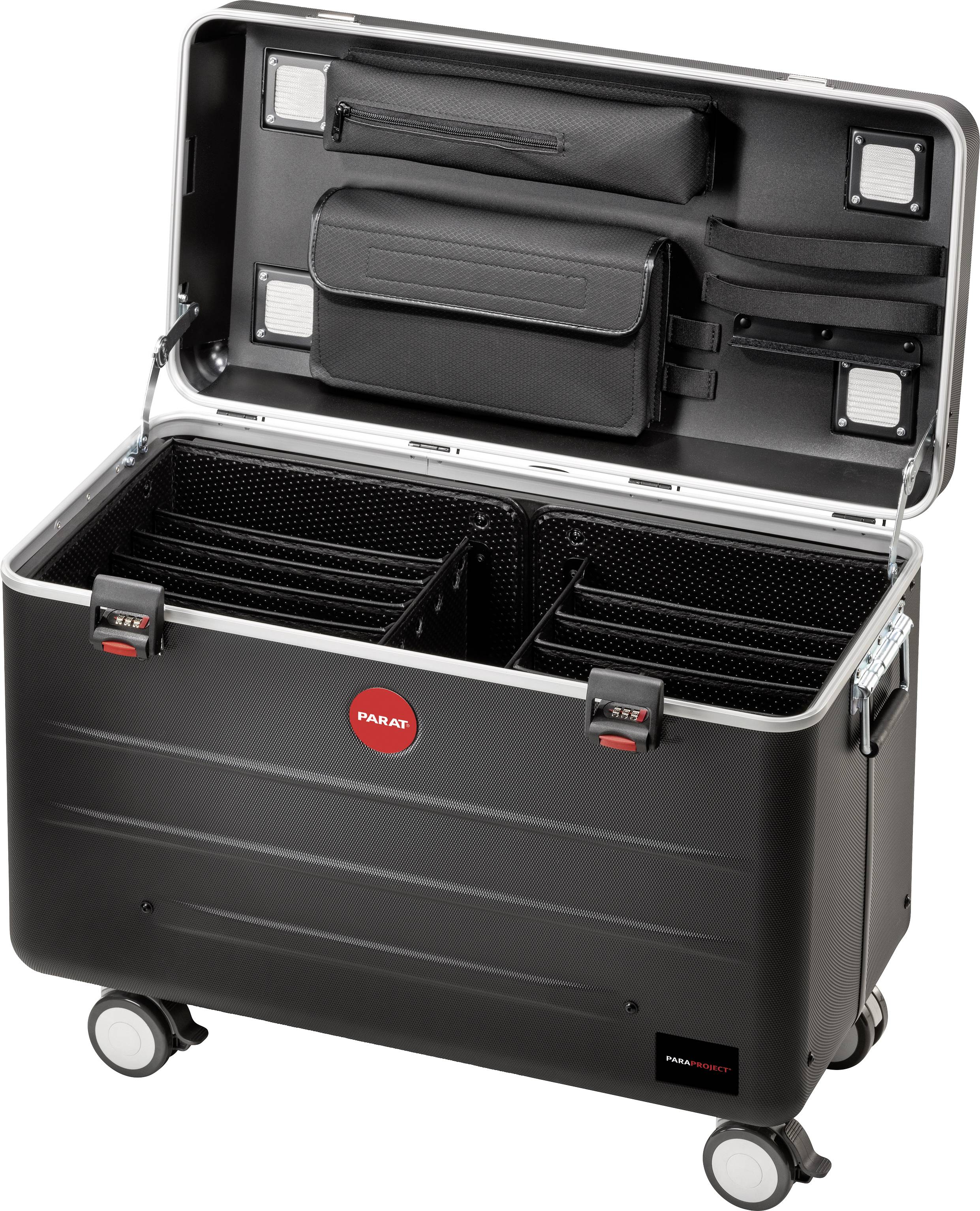 Czarny, otwarty walizka na kółkach z wieloma przegródkami i kieszeniami w pokrywie, odpowiednia do przechowywania narzędzi lub sprzętu technicznego.