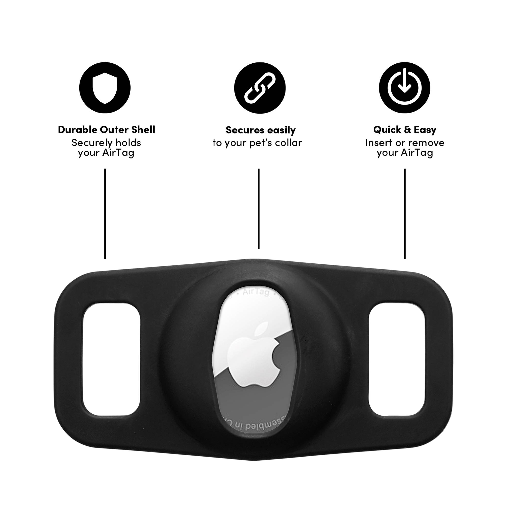 Uchwyt do AirTag, który można pewnie zamocować na obroży zwierzęcia domowego. Opis podkreśla wytrzymałą obudowę zewnętrzną oraz łatwość użycia.