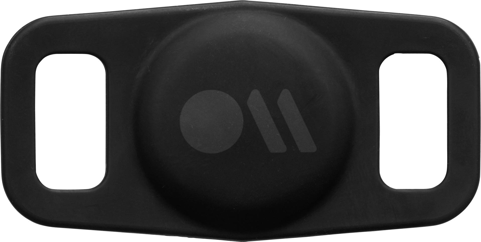 Czarny klips mocujący o zaokrąglonych narożnikach z dwoma szczelinami po lewej i prawej stronie, przeznaczony do zamocowania na płaskich powierzchniach.