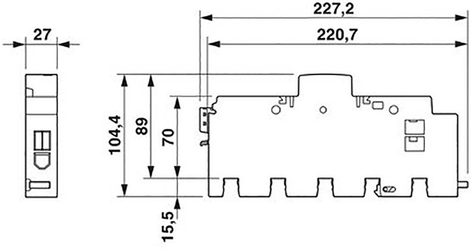 Rysunek techniczny elementu elektrycznego z wymiarami: szerokość 227,2 mm, wysokość 104,4 mm, głębokość 27 mm. Widok z boku i z przodu.