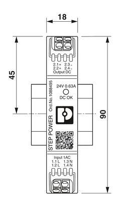 'STEP POWER Zam. Nr. 1088645' Zasilacz, montaż na szynie DIN, 24V, 0,63A. Wymiary: szerokość 18 mm, wysokość 90 mm, głębokość 45 mm.