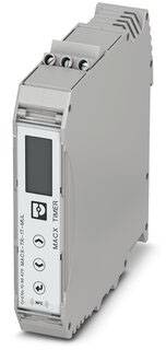 Moduł elektroniczny do zastosowań przemysłowych w kolorze szarym z cyfrowym wyświetlaczem na przedniej stronie oraz złączami u góry, stosowany do sterowania procesami.