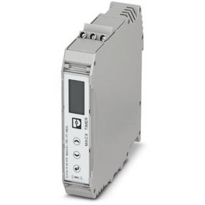 Moduł elektroniczny do zastosowań przemysłowych w kolorze szarym z cyfrowym wyświetlaczem na przedniej stronie oraz złączami u góry, stosowany do sterowania procesami.