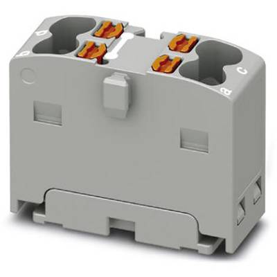 Szary element elektryczny z wieloma złączami u góry i po bokach. Wygląda na złącze wtykowe.