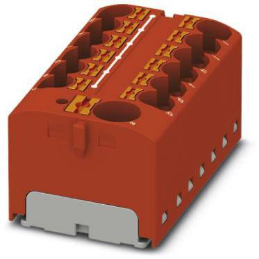 Czerwone, elektryczne pudełko zaciskowe z wieloma zaciskami przyłączeniowymi.