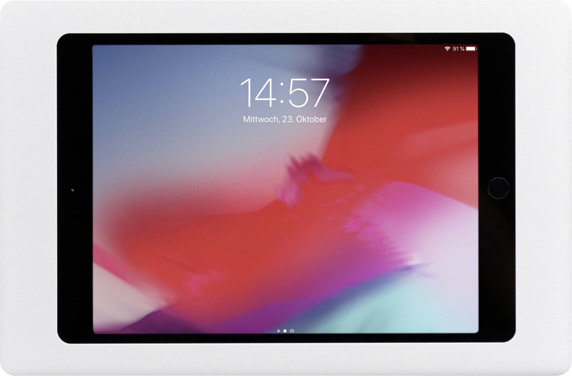 Tablet z kolorowym tłem wyświetla godzinę '14:57' oraz datę 'Środa, 23 października'.
