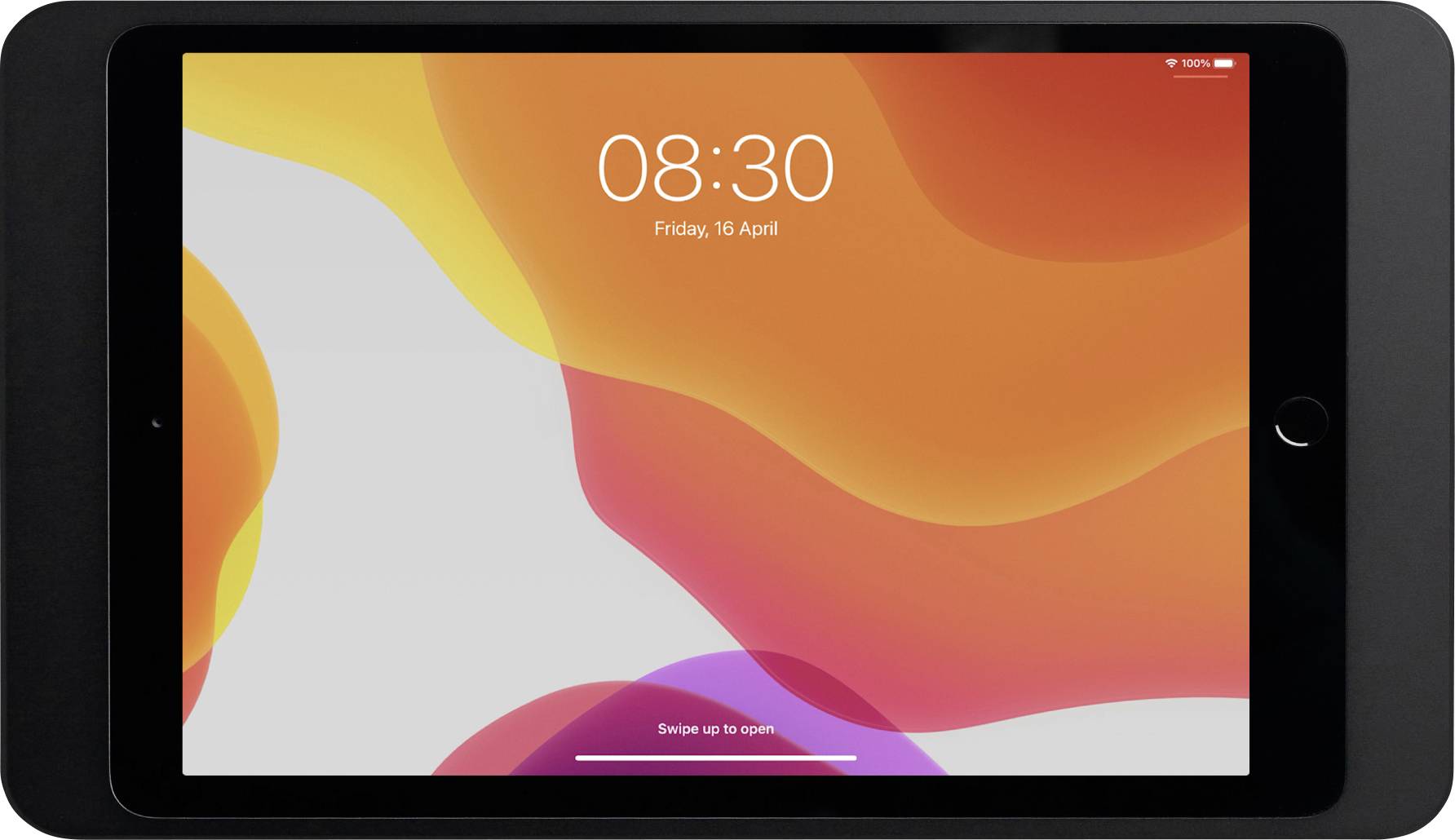 Tablet z wyświetlaczem pokazuje ekran blokady z datą 'Piątek, 16 kwietnia' i godziną '08:30'. Tło w delikatnych odcieniach żółci.