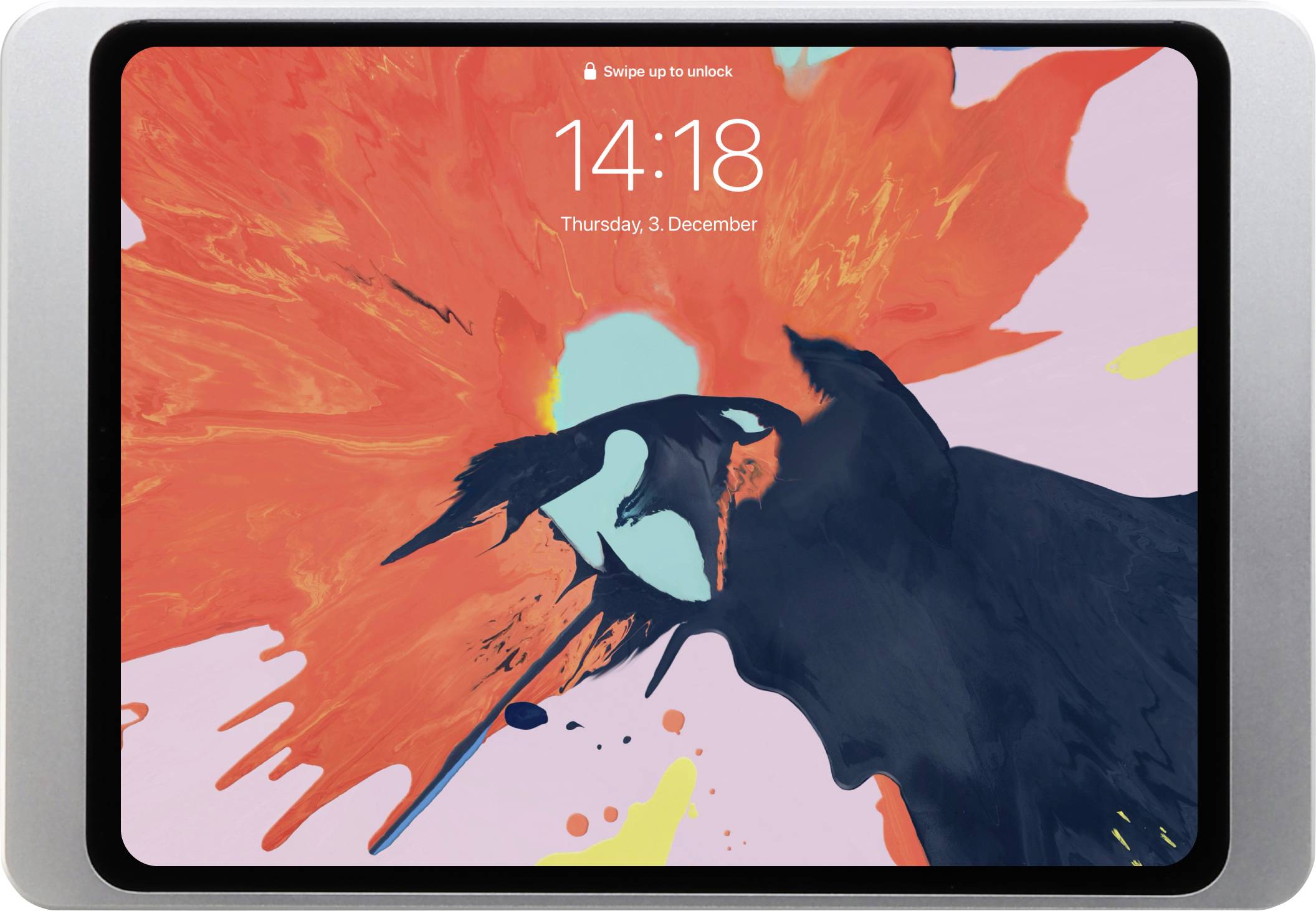 Tablet z kolorowym, abstrakcyjnym dziełem sztuki na ekranie. U góry widnieje napis 'Przesuń, aby odblokować', z godziną 14:18.