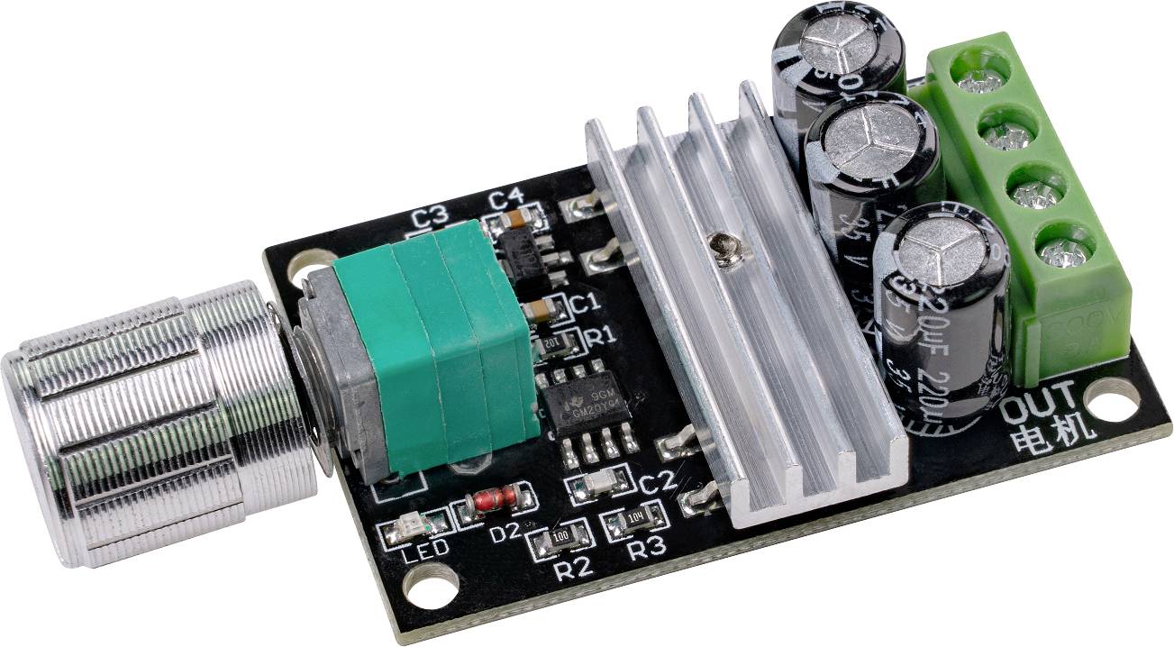 Elektroniczny element z potencjometrem, radiatorem, kondensatorami i zaciskami przyłączeniowymi. Służy do sterowania napięciem elektrycznym.