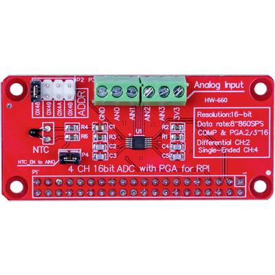 Płytka drukowana z analogowym wejściem dla RPI, prezentująca złącza dla czterech 16-bitowych kanałów oraz kluczowe parametry techniczne na czerwonym tle.