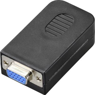 Czarny adapter VGA do HDMI na białym tle. Adapter posiada wtyk VGA i gniazdo HDMI, umożliwiając przesyłanie sygnału wideo.