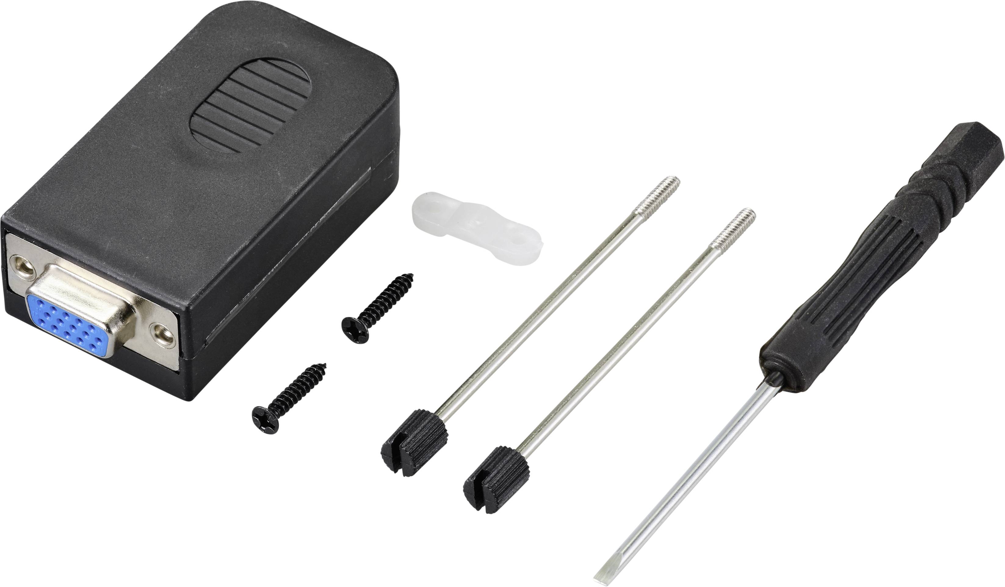 Adapter z wejściem VGA, dwie śruby, trzy kołki rozporowe i śrubokręt leżą na białej powierzchni.