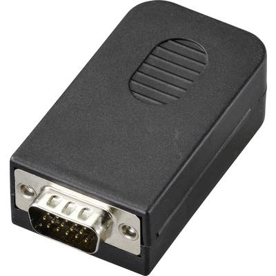 Adapter VGA z czarną obudową i metalowym złączem, używany do podłączania kabli VGA do urządzenia wyświetlającego.