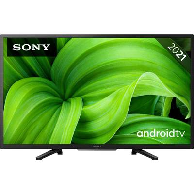 Telewizor Sony z systemem Android TV, model z 2021 roku, wyświetlający zielony wzór liścia na ekranie.