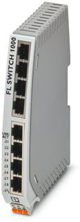 Wąski, pionowo ustawiony switch Ethernet z ośmioma złączami RJ45, z napisem 'FL SWITCH 1000' na boku.
