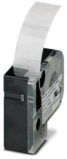 Przezroczysty drukarka etykiet w czarnej obudowie, odpowiednia do zastosowań biurowych lub przemysłowych.