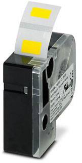 Czarna tusz do drukarki w przezroczystej obudowie, z widoczną białą etykietą i żółtymi oznaczeniami na górze.