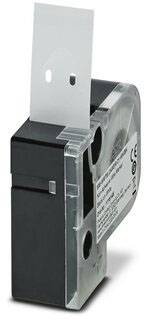 Czarna, prostokątna kasetka z przezroczystą obudową plastikową, która ukazuje wewnętrzny element etykietowania.