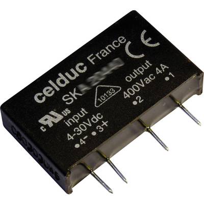 Czarny, prostokątny element elektroniczny firmy 'celduc France'. Oznaczony opisem wejście 4-30Vdc i wyjście 400Vac 4A.