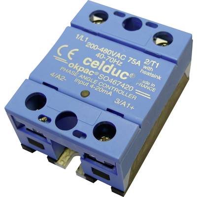 Niebieskie urządzenie sterujące fazą z napisem 'celduc okpac', napięcie 200-480VAC, 75A, wyprodukowane we Francji.