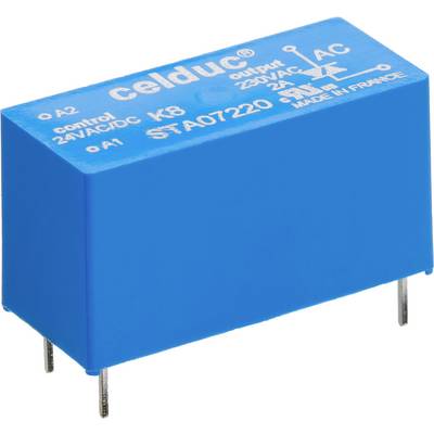 Niebieskie przekaźniki z napisem 'celduc', odpowiednie do sterowania 24V AC/DC i zasilania 230V AC, model STA07220, wyprodukowane we Francji.