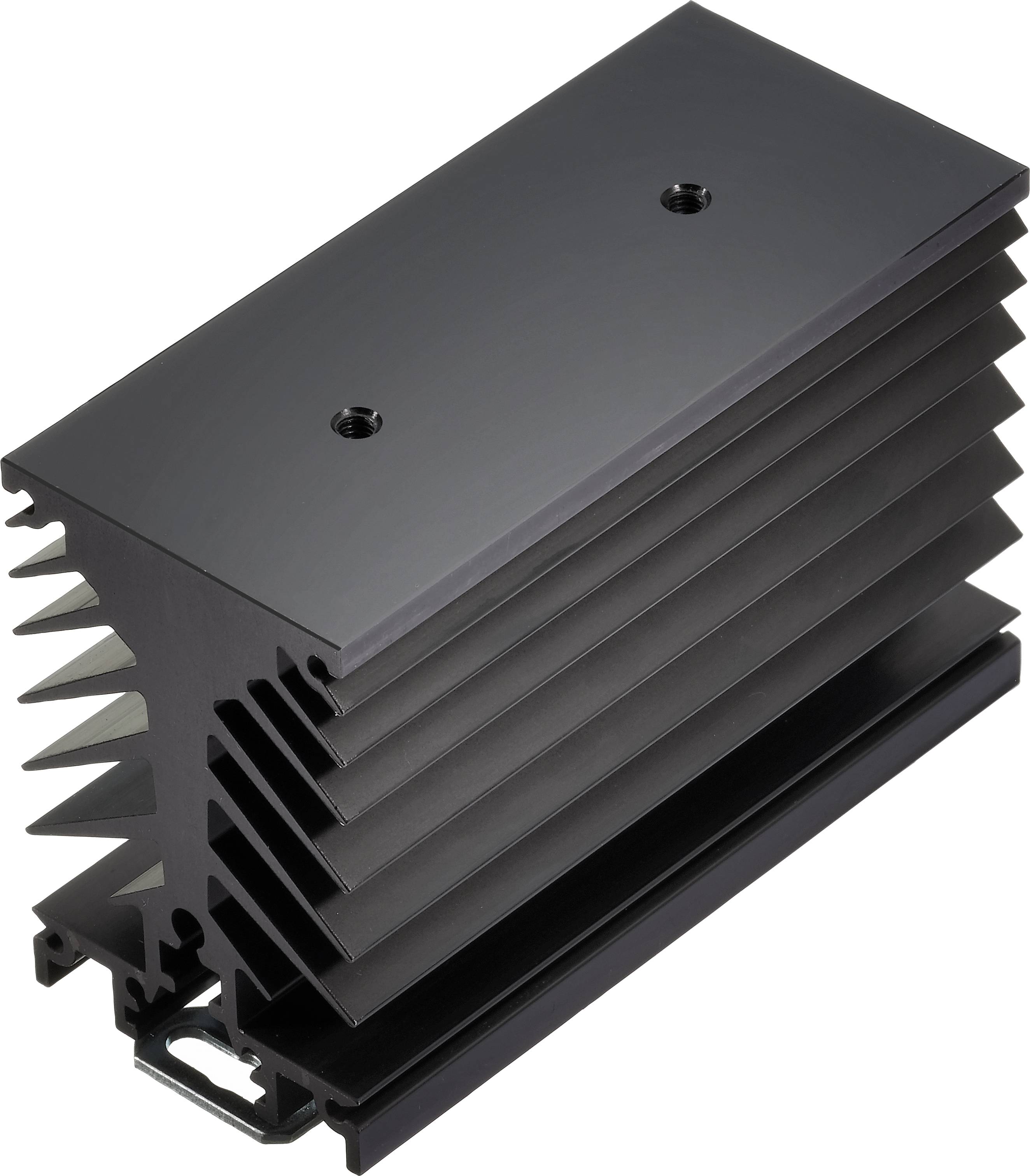 Prostokątny, czarny radiator z wieloma równoległymi żeberkami służący do odprowadzania ciepła w urządzeniach elektronicznych.