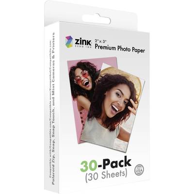 Opakowanie papieru fotograficznego Zink Premium, 30 arkuszy, przedstawiające dwie uśmiechnięte osoby na wydrukowanych zdjęciach, kompatybilne z drukarką Polaroid Zip.