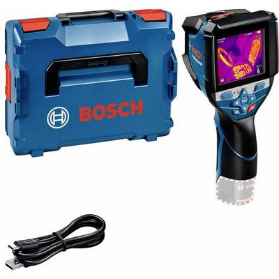 Kamera do termowizji obok niebieskiej walizki Boscha i kabla USB. Wyświetlacz pokazuje obraz termiczny.