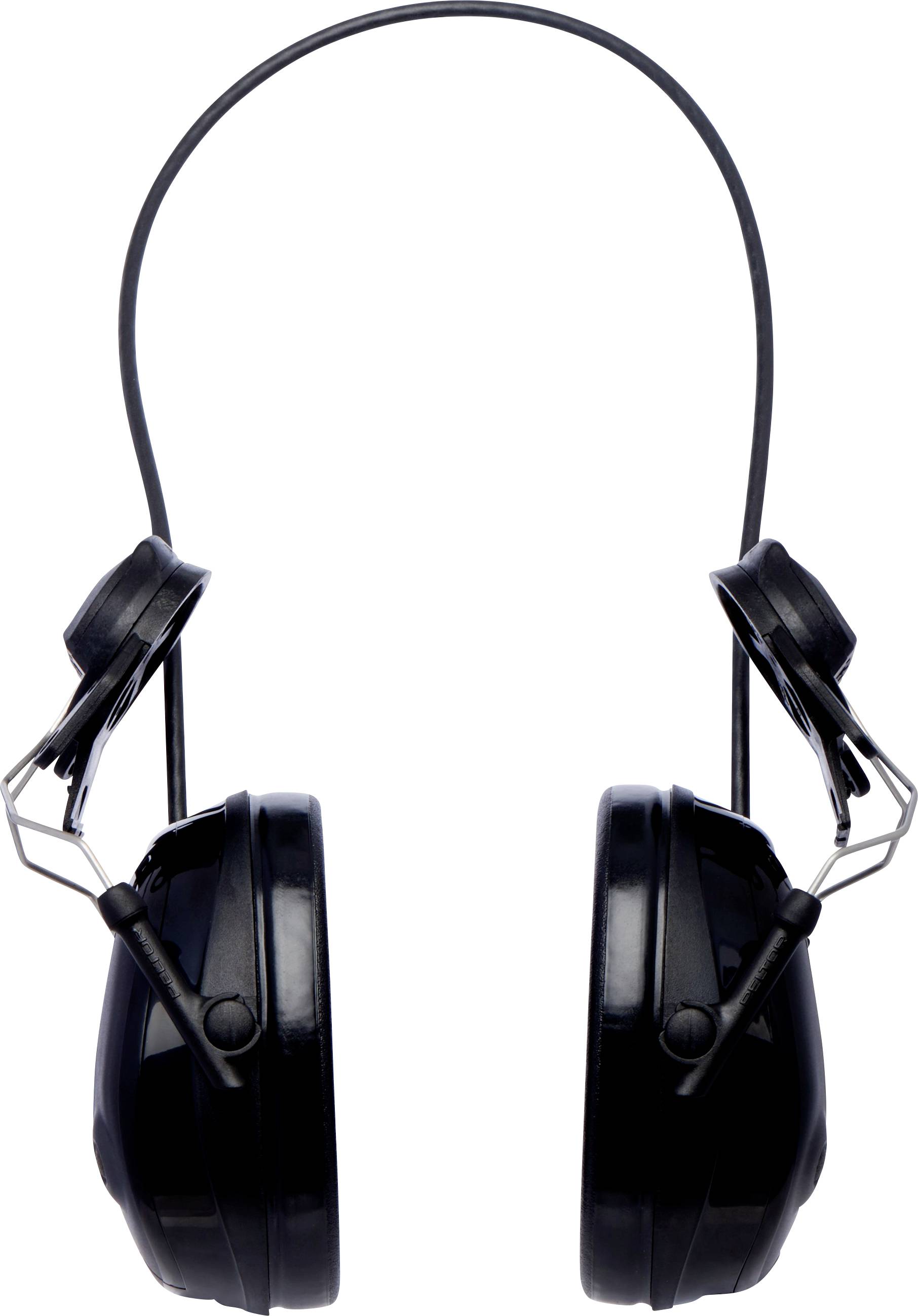 Para czarnych nauszników ochronnych z regulowanym pałąkiem. Odpowiednie do ochrony przed hałasem w środowiskach przemysłowych lub głośnych.