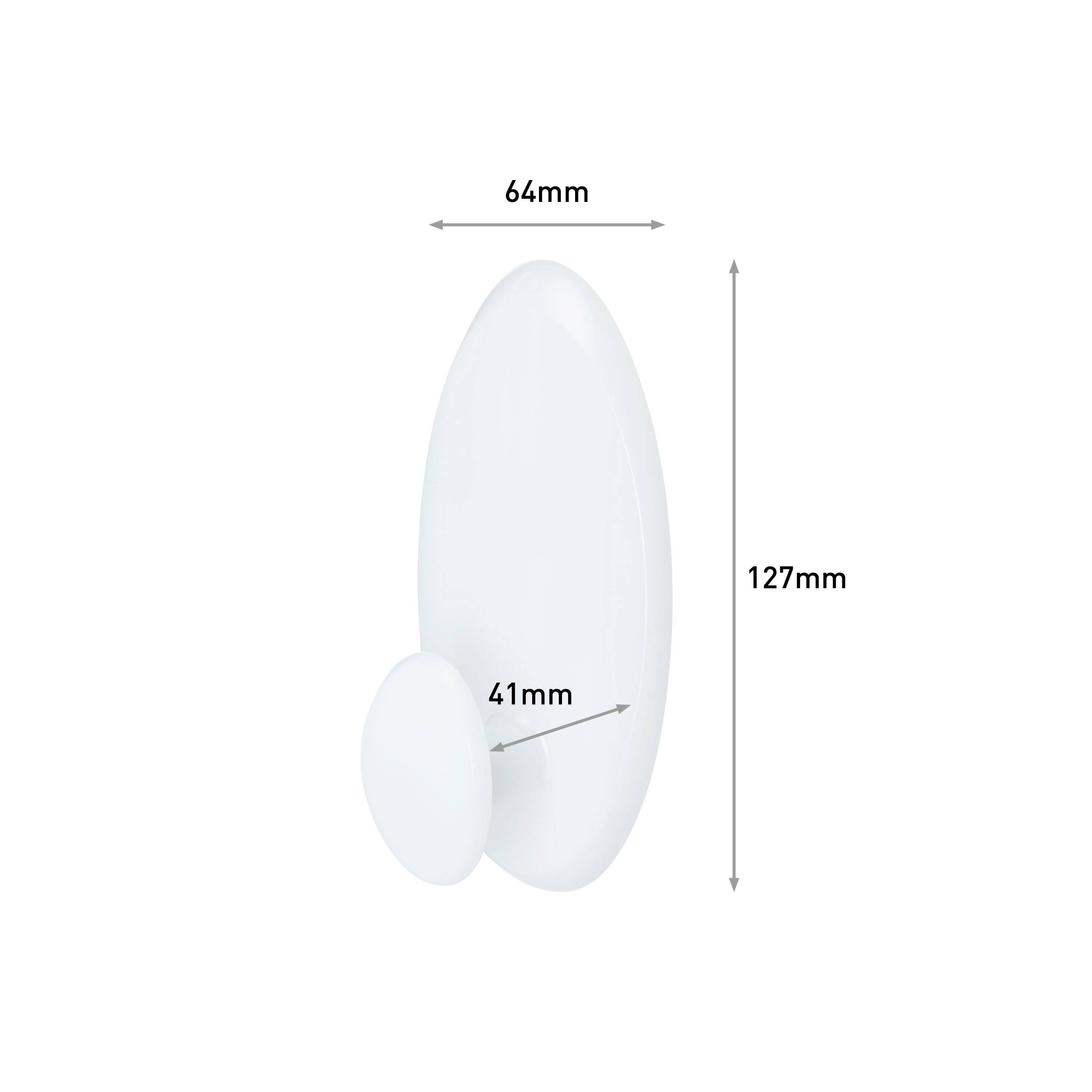 Owalny, biały hak o wymiarach: 127 mm wysokości, 64 mm szerokości, mniejsza owalna część: 41 mm szerokości.