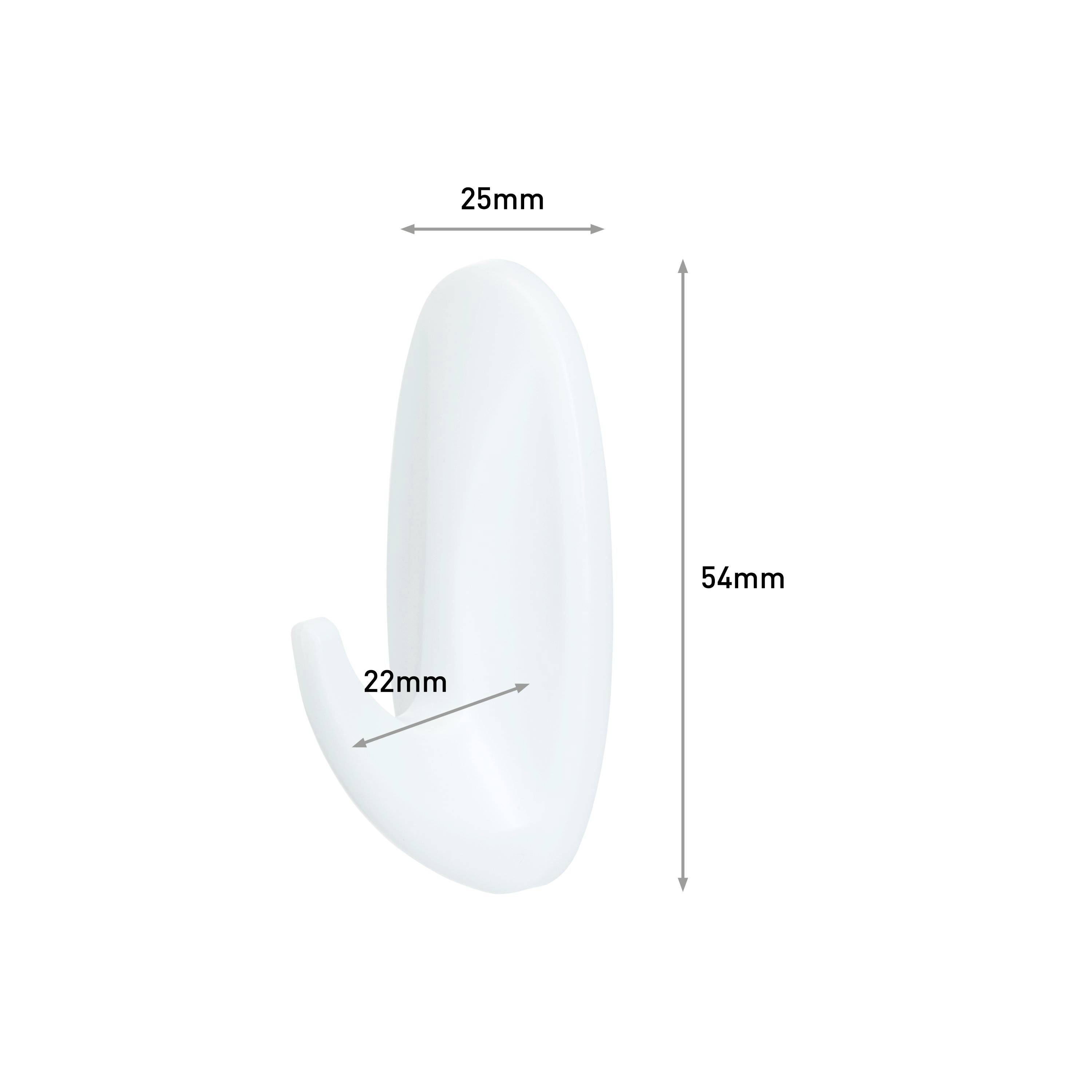 Biały haczyk ścienny o wymiarach: wysokość 54 mm, szerokość 25 mm, głębokość 22 mm.