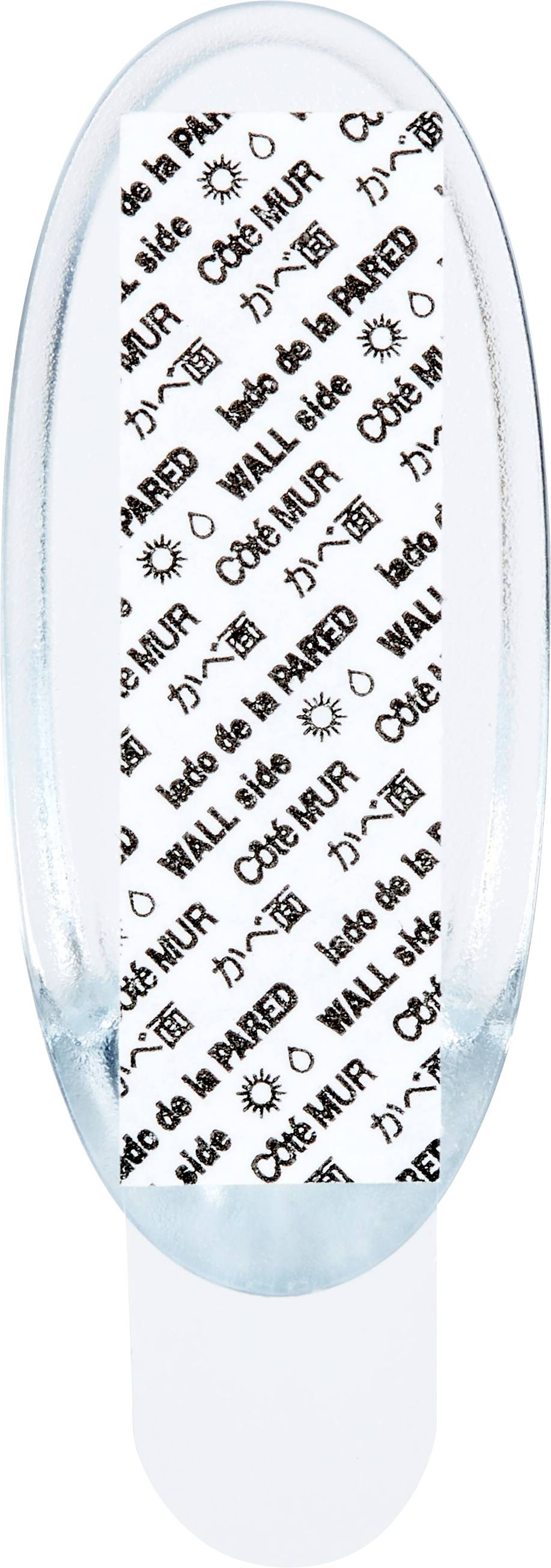 Przezroczysty klips samoprzylepny z białym papierem, wielokrotnie wydrukowanym wielojęzycznym napisem "strona ściany". Idealny do mocowania na ścianach.