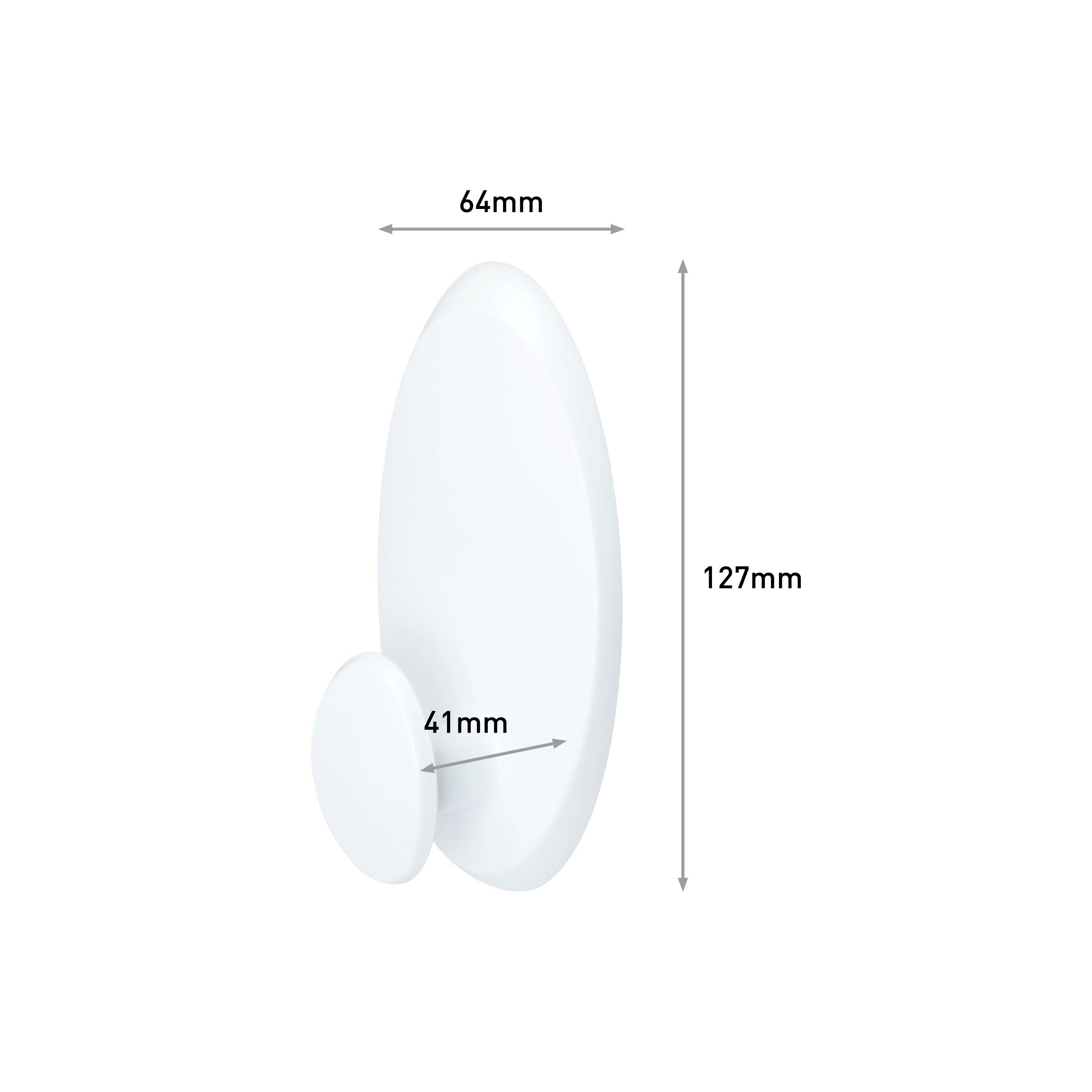 Owalna biała podstawa o wysokości 127 mm i szerokości 64 mm, z okrągłą nakładką o średnicy 41 mm.