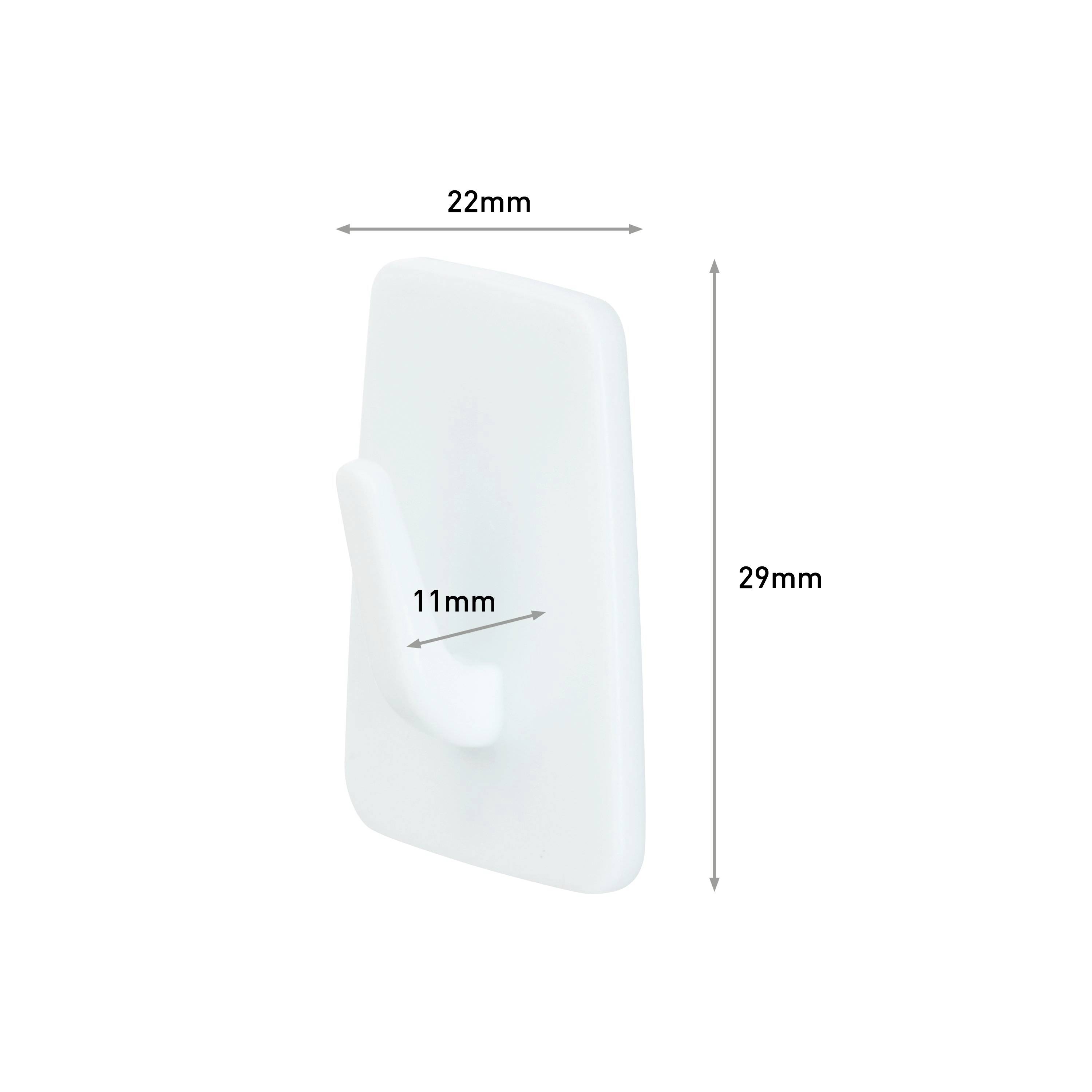 Biały plastikowy hak o wymiarach: 22 mm szerokości, 29 mm wysokości, 11 mm długości haka. Idealny do zawieszania lekkich przedmiotów.