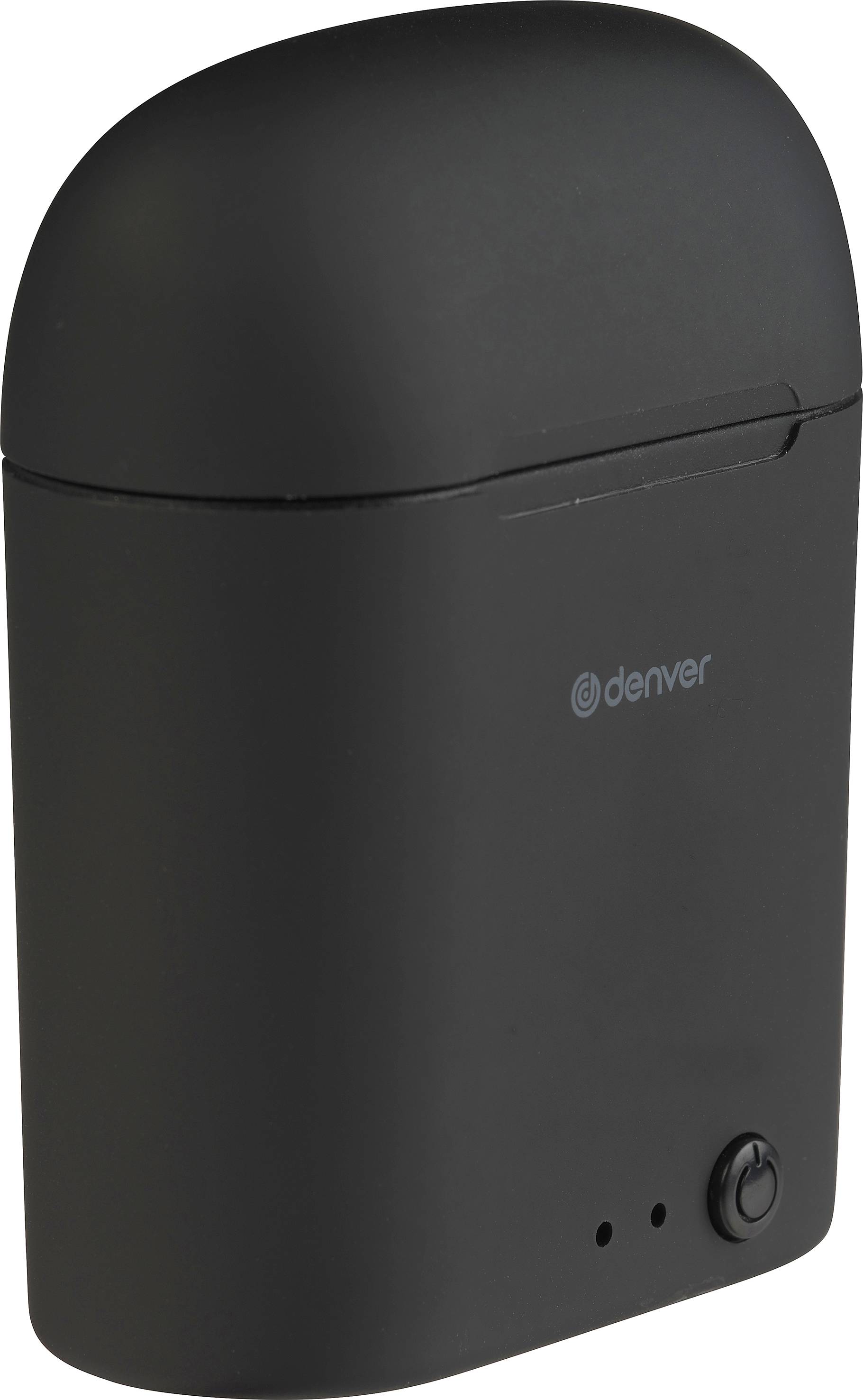 Czarne, przenośne etui ładujące z pokrywą, zaokrąglonymi krawędziami i wskaźnikami kontrolnymi. Logo 'denver' na przedniej stronie.