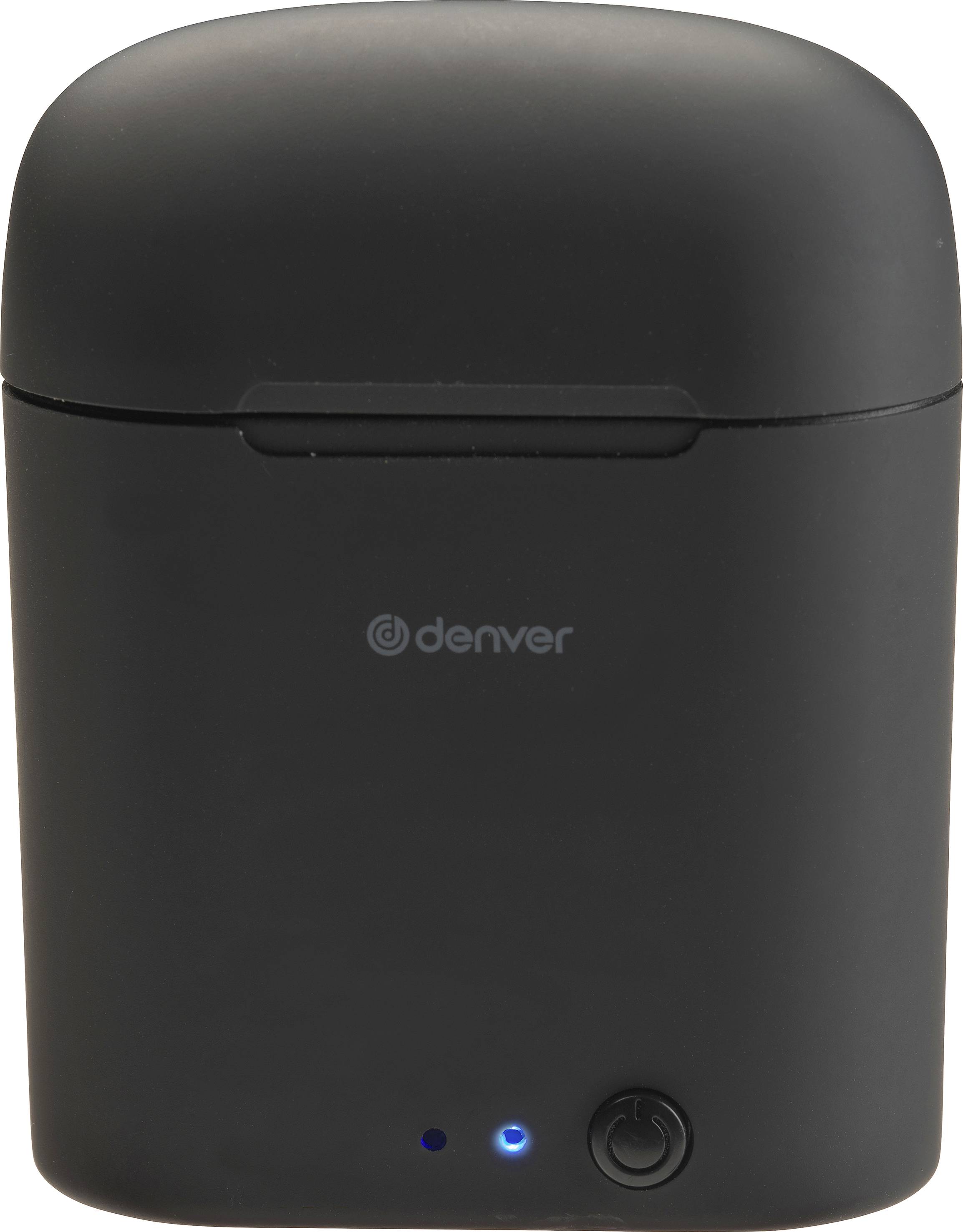 Czarne, kwadratowe etui ładujące z logo marki i dwoma diodami LED: niebieska kontrolka na górze, poniżej okrągły przycisk włączania.