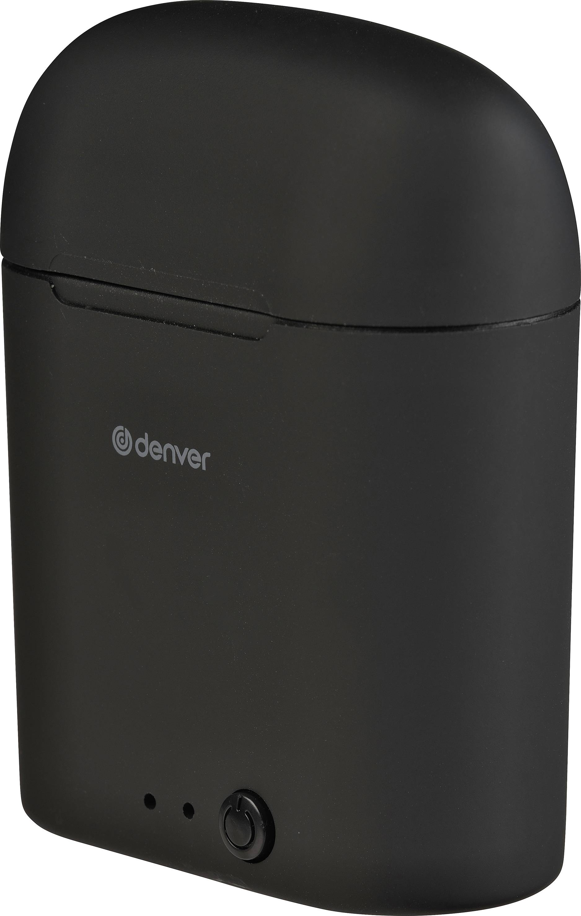 Czarne, przenośne etui z logo Denver, prawdopodobnie zawierające bezprzewodowe słuchawki douszne. Klapka na górze, mały guzik na dole.