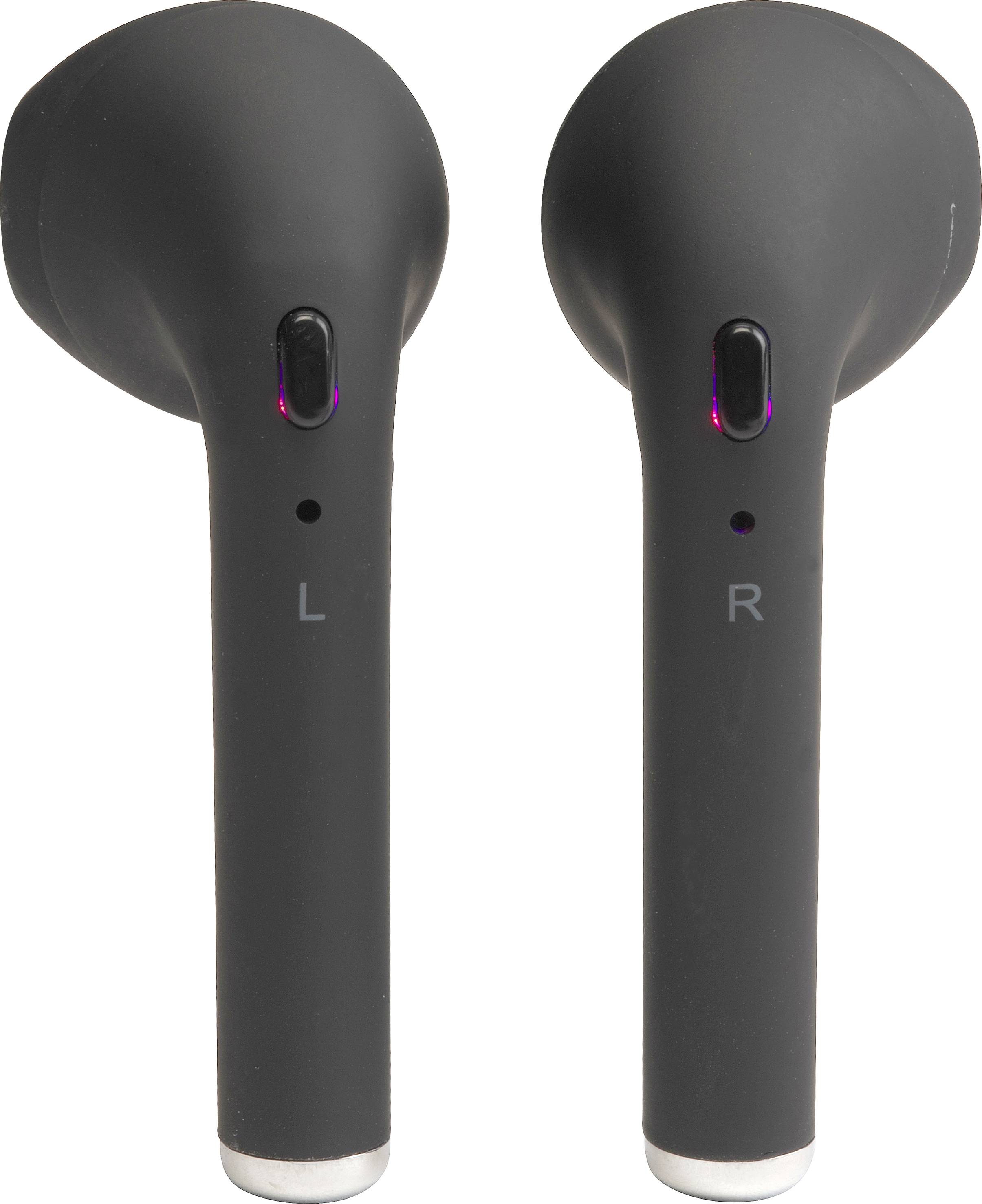 Czarne bezprzewodowe słuchawki douszne z oznaczeniami 'L' i 'R', widok z przodu i tyłu.