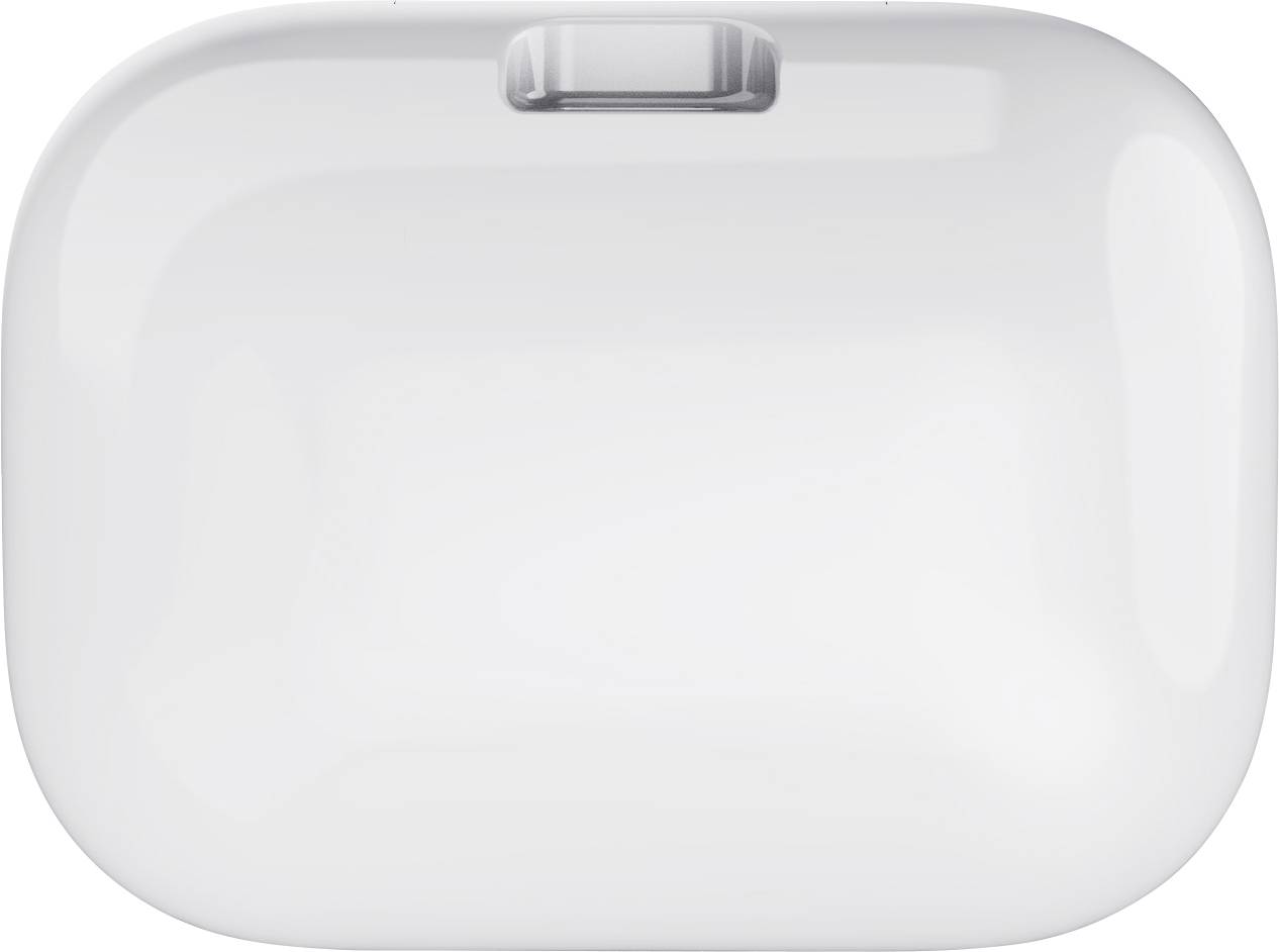 Białe, prostokątne etui ładujące o zaokrąglonych krawędziach, z widocznym zawiasem na górnej powierzchni.