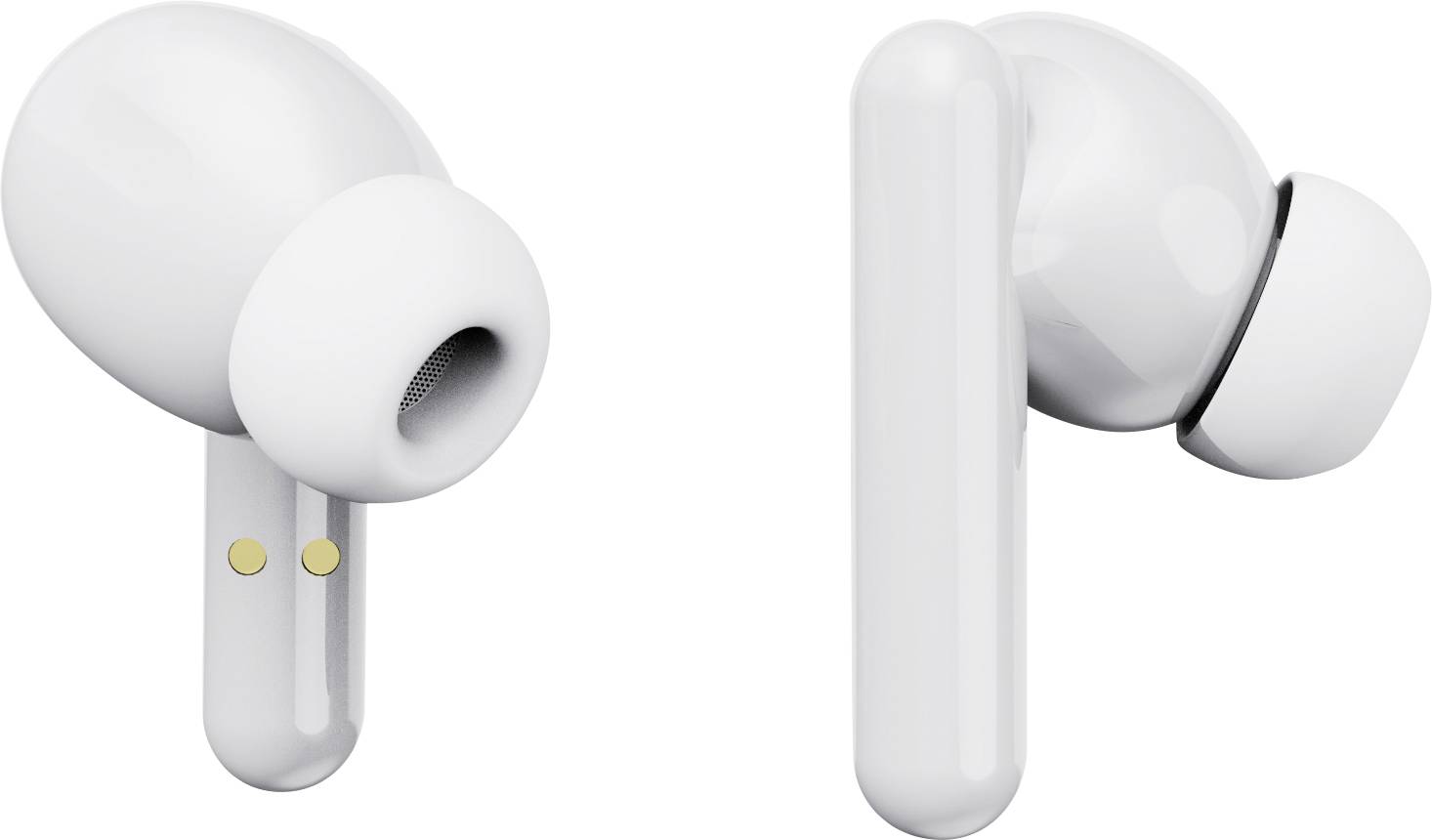 Dwa bezprzewodowe, białe słuchawki douszne, przedstawione obok siebie. Widoczne są ich widoki z boku i z przodu.