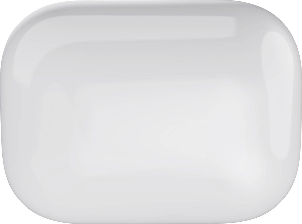 Prostokątny kawałek białego mydła zaokrąglony na rogach. Jest gładki i błyszczący.