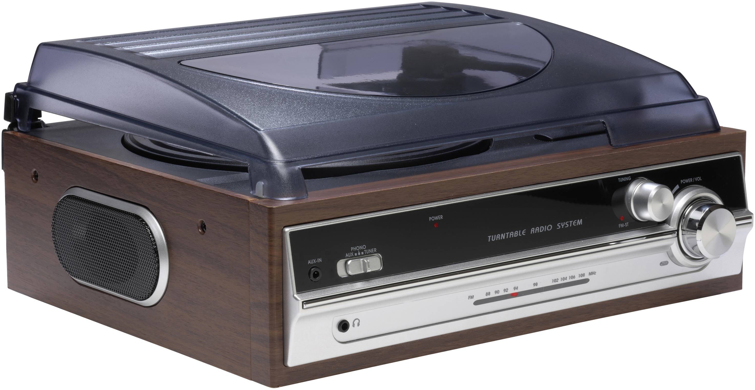 Gramofon z dekorem drewna i składaną pokrywą. Posiada elementy sterujące i głośniki z przodu.