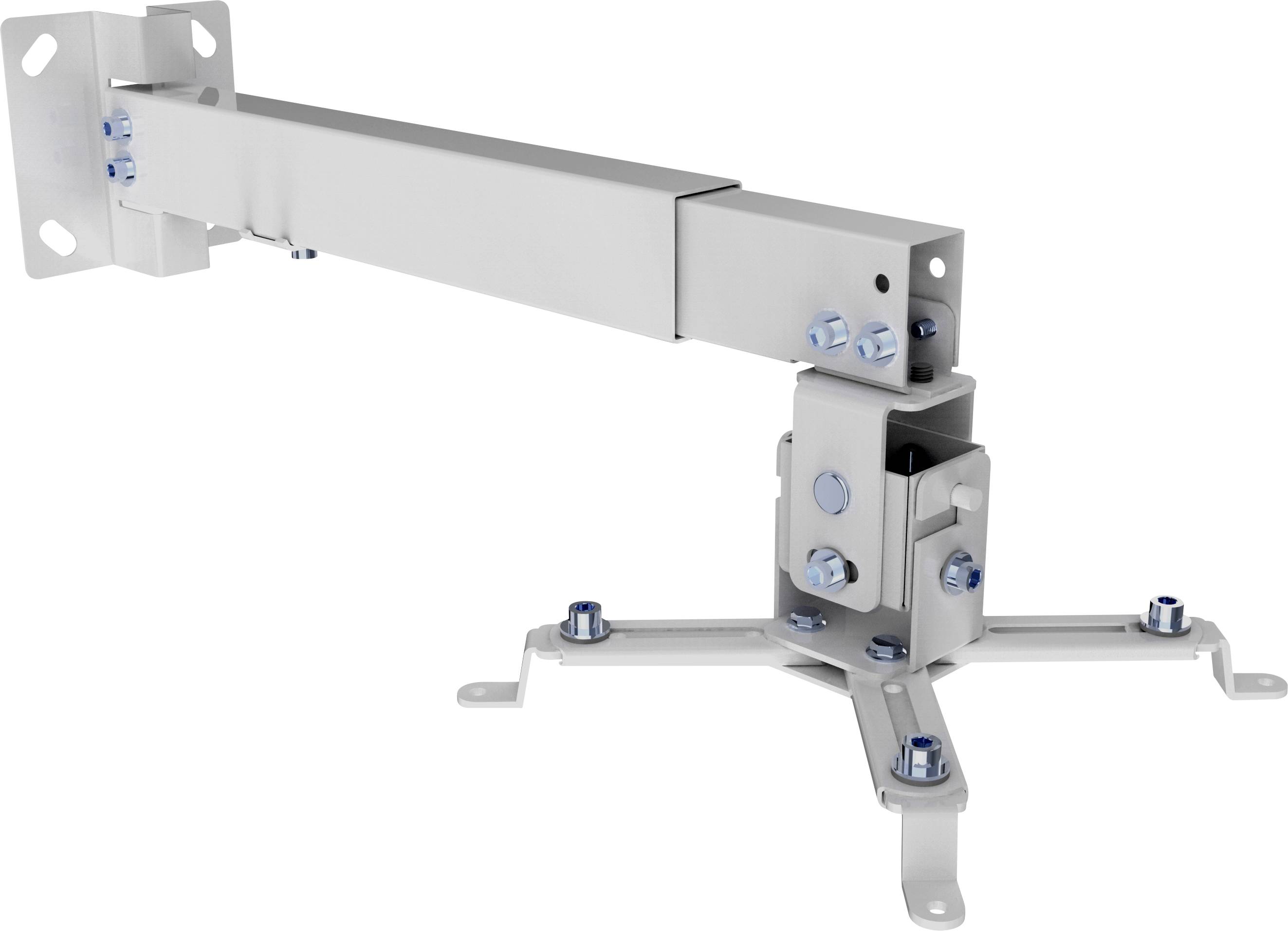 Regulowany metalowy uchwyt ścienny do telewizora, zamontowany za pomocą wielu śrub dla zapewnienia stabilności, wyposażony w elastyczne ramię umożliwiające ustawienie pod różnymi kątami.