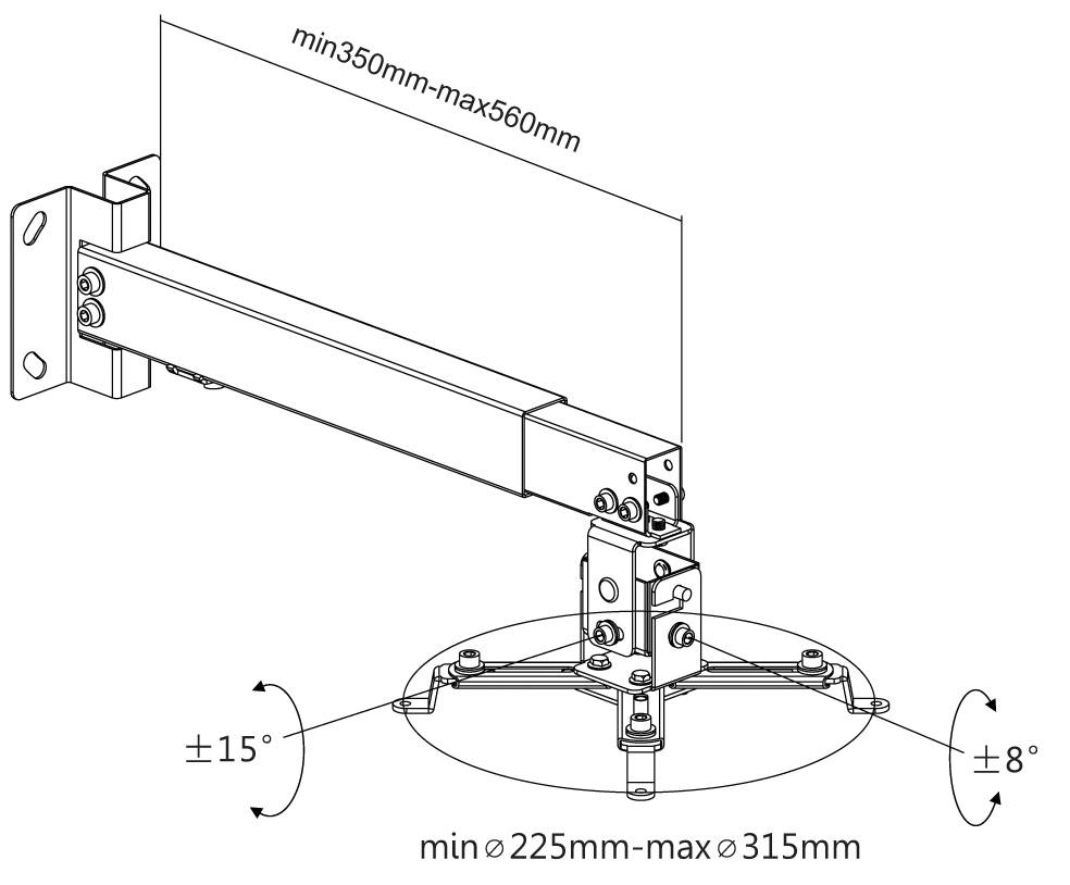 Rysunek regulowanego uchwytu projektora z podanymi parametrami: regulacja pozioma od 350 mm do 560 mm, regulacja pionowa ±8°, podstawa obrotowa ±15°, średnica podstawy od 225 mm do 315 mm.