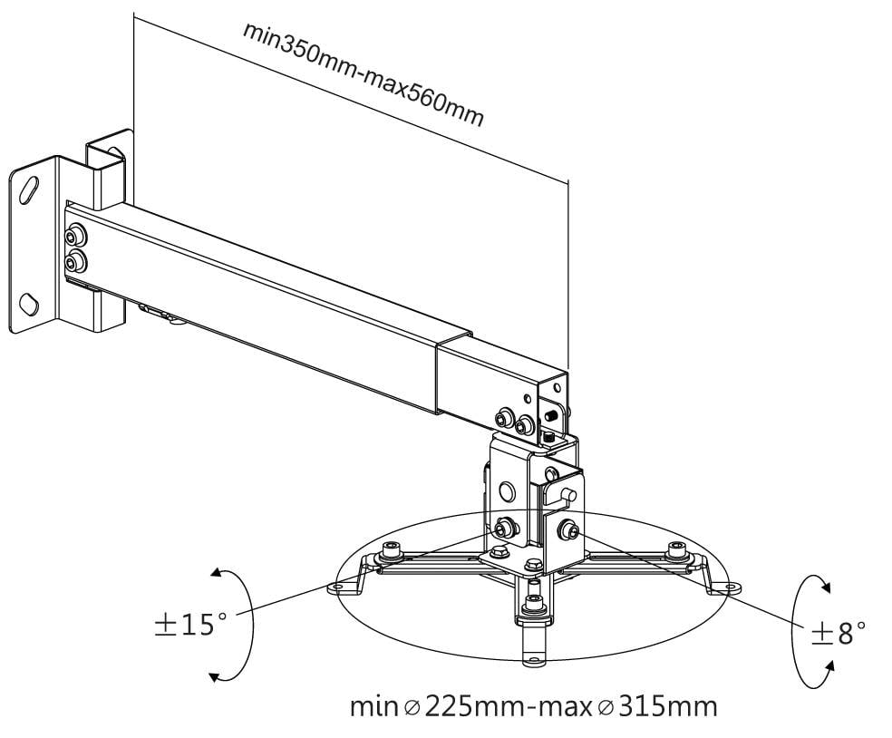 Prezentacja regulowanego uchwytu ściennego do urządzeń technicznych. Wymiary: długość 350-560 mm, średnica podstawy 225-315 mm. Kąt nachylenia: ±15°, zakres obrotu: ±8°.