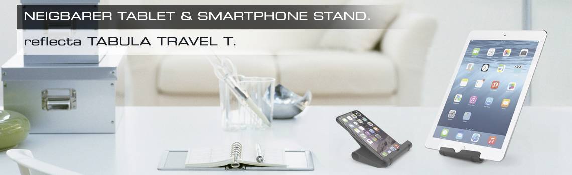 Stojak na tablet i smartfon na biurku. Pionowo ustawione tablety i smartfony. Tekst: REGULOWANY STOJAK NA TABLET I SMARTFON.