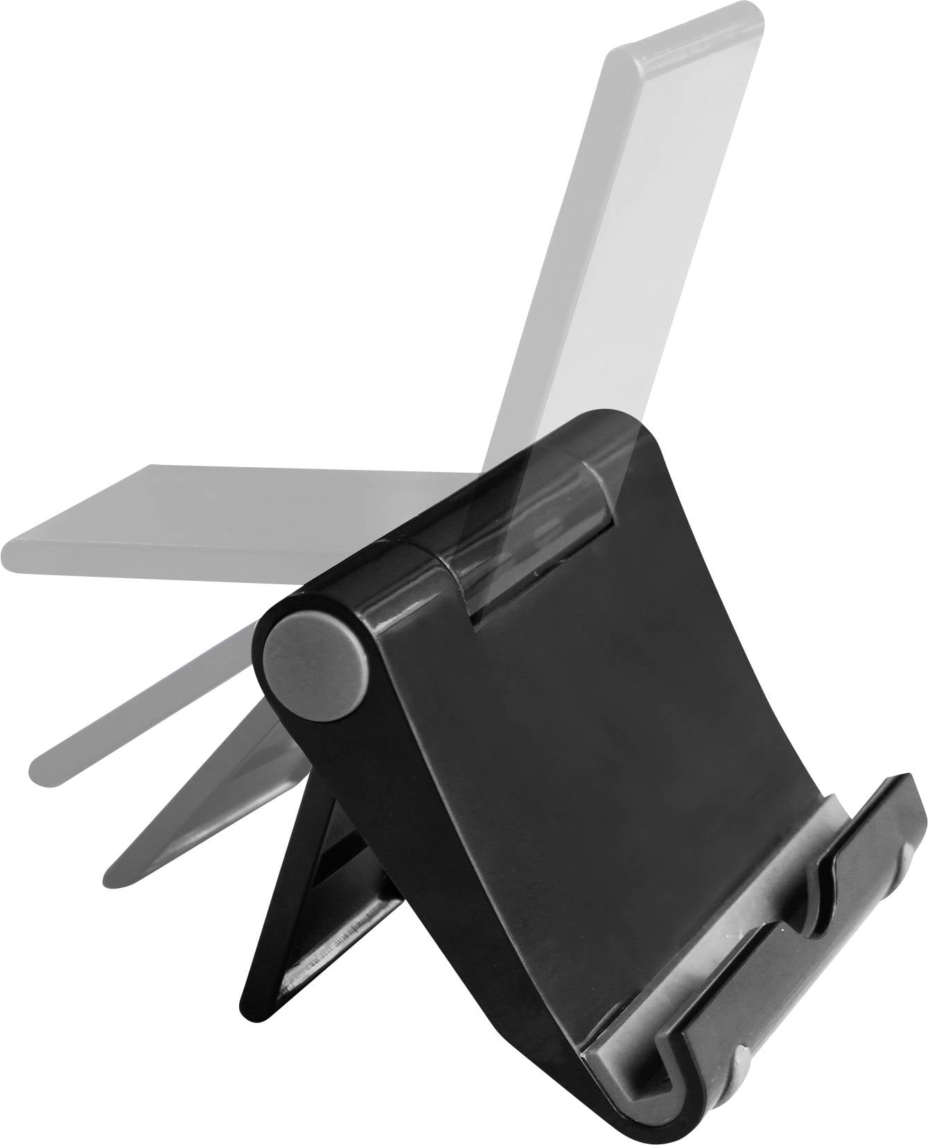 Czarny składany stojak przedstawiony w dwóch pozycjach: rozłożony i złożony. Odpowiedni dla tabletów lub smartfonów.