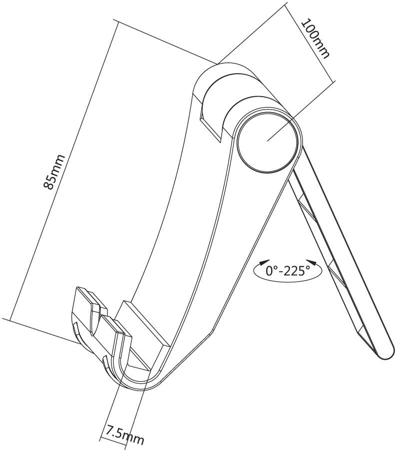 Przenośny uchwyt na telefon z regulowanym kątem od 0° do 225°. Wymiary: 85 mm wysokości, 100 mm głębokości, 7,5 mm szerokości.